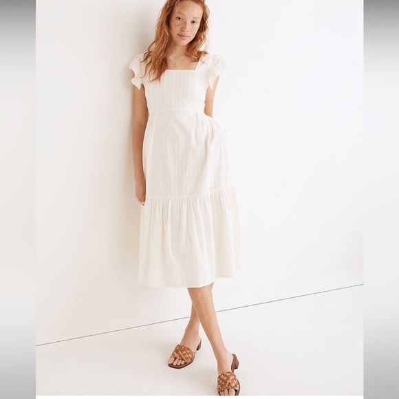 Madewell Ruffle Strap Tiered Midi Dress Textural Stripe NF850 Ivory - Picture 2 of 6